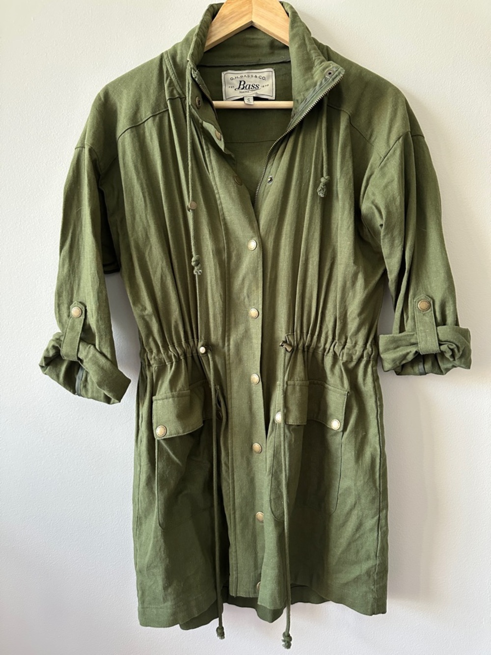 Olive Green Utility Drawstring Linen Blend Jacket - Size Small